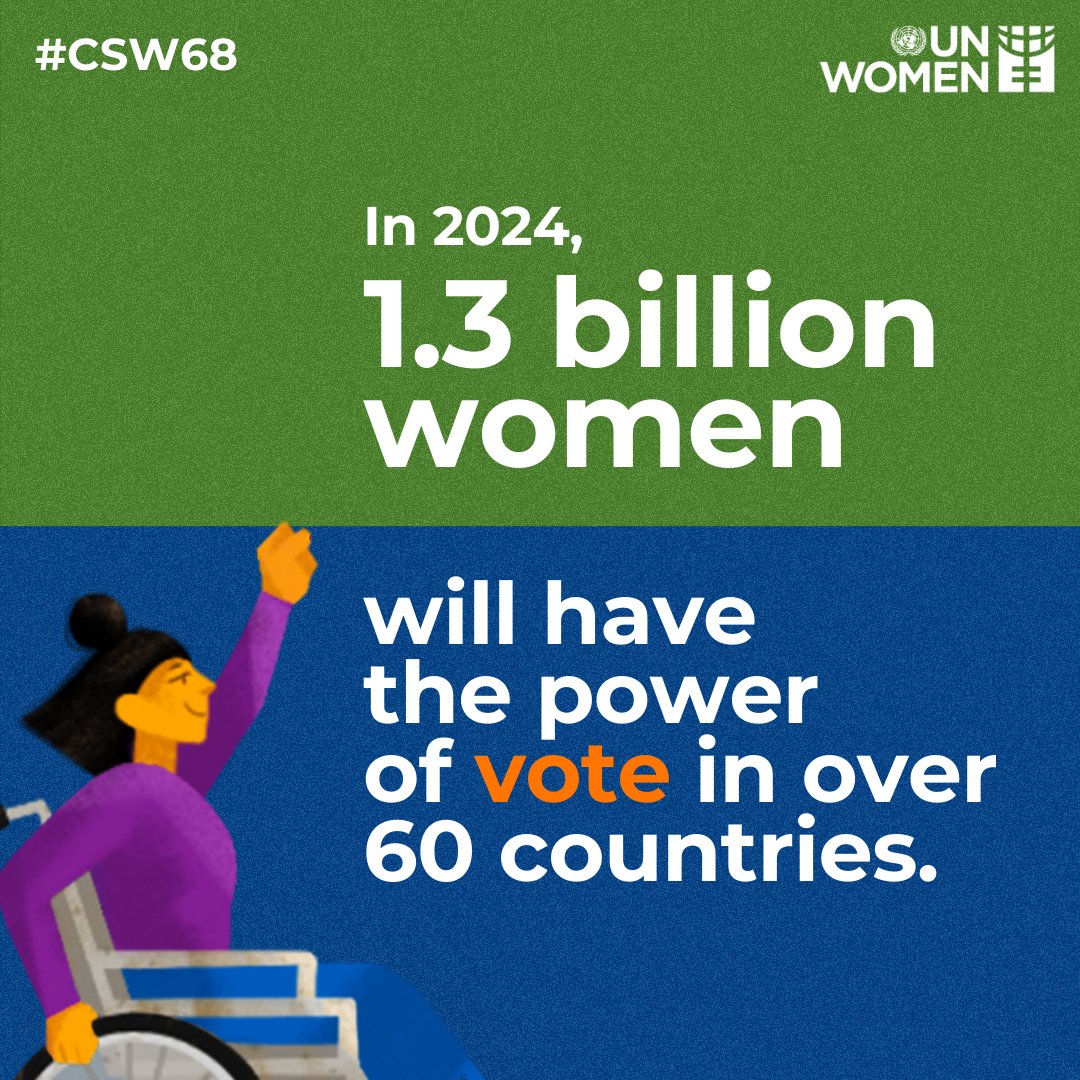 This year, 1.3 billion women in more than 60 countries have the right to vote. Women’s equal political participation and representation is key to ✅ Robust democracies ✅ Inclusive decisions #CSW68 #InvestInWomen