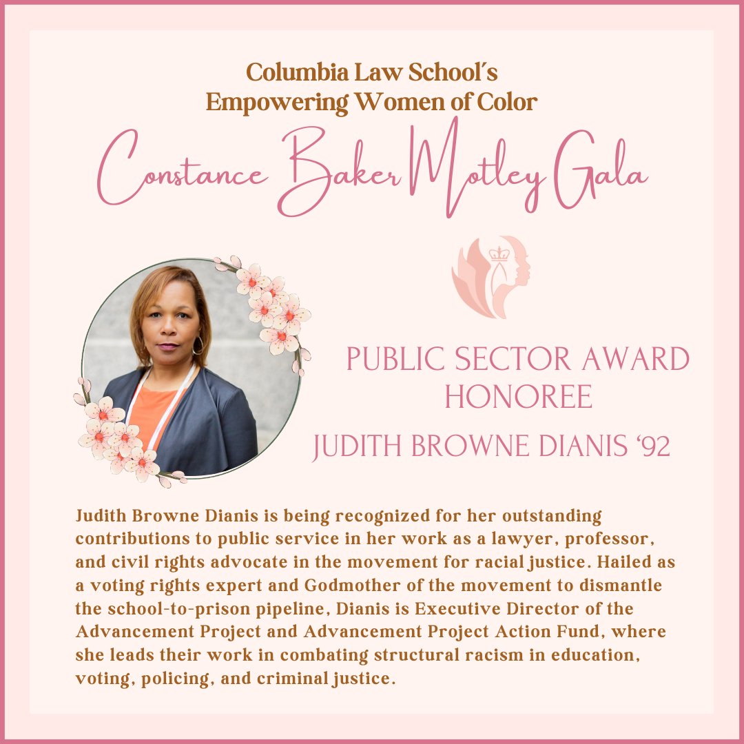 Congratulations to our Executive Director @jbrownedianis!!! As a pioneer of movement lawyering, she will be honored as an alum of @ColumbiaLaw at the Constance Baker Motley Gala for her outstanding contribution to public service in her work as a lawyer.
