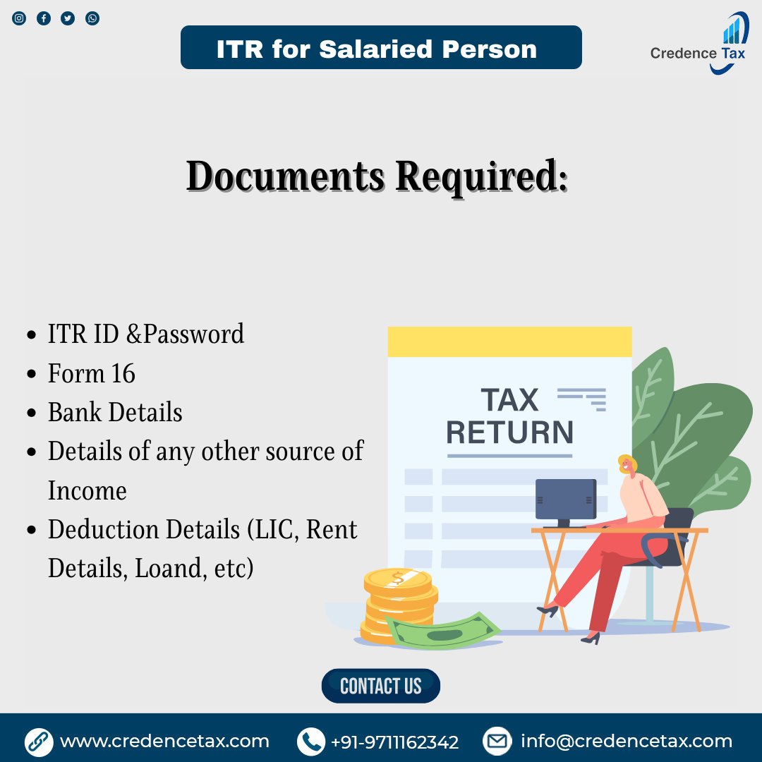Let us seamlessly navigate the #incometaxreturn process for salaried individual. Contact us: 📩info@credencetax.com 📲9711162342 🌐credencetax.com #taxes #taxrefund #itr2024 #incometaxprep #taxprofessional #taxtime #taxpreparation #salaried #entrepreneurs #individual