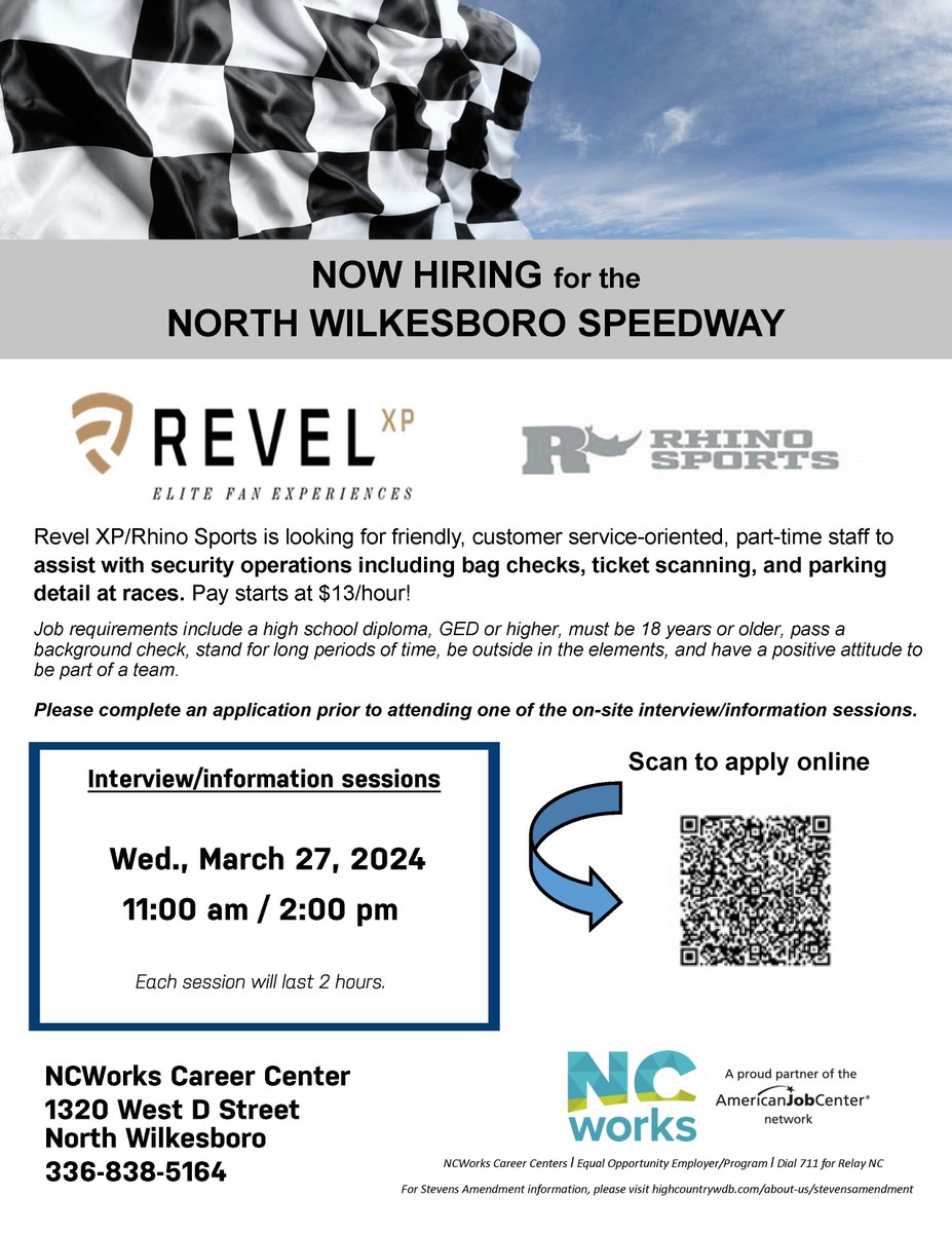 Attention Speedway fans--Revel XP/Rhino Sports is seeking friendly part-time employees to help at the North Wilkesboro Speedway for security operations! Pay is $13/hr. See attached flyer and be sure to attend the hiring event at NCWorks Career Center March 27 from 11 am to 2 pm!