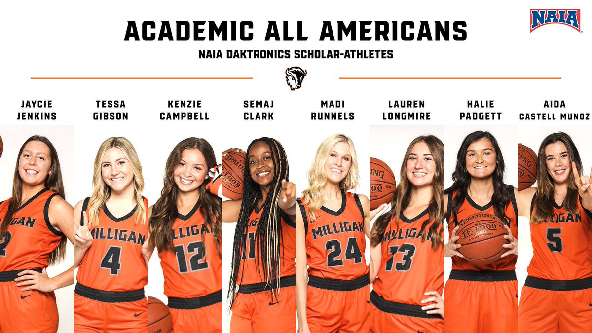 8️⃣ NAIA Scholar-Athletes 

Jaycie Jenkins
Tessa Gibson
Kenzie Campbell
Semaj Clark
Madi Runnels
Lauren Longmire
Halie Padgett
Aida Castell Munoz

Each of these athletes is maintaining over a 3.5+ career undergrad GPA or 3.5+ graduate GPA.

naia.org/sports/wbkb/20…

<a href="/MilliganBuffs/">Milligan University Athletics</a>