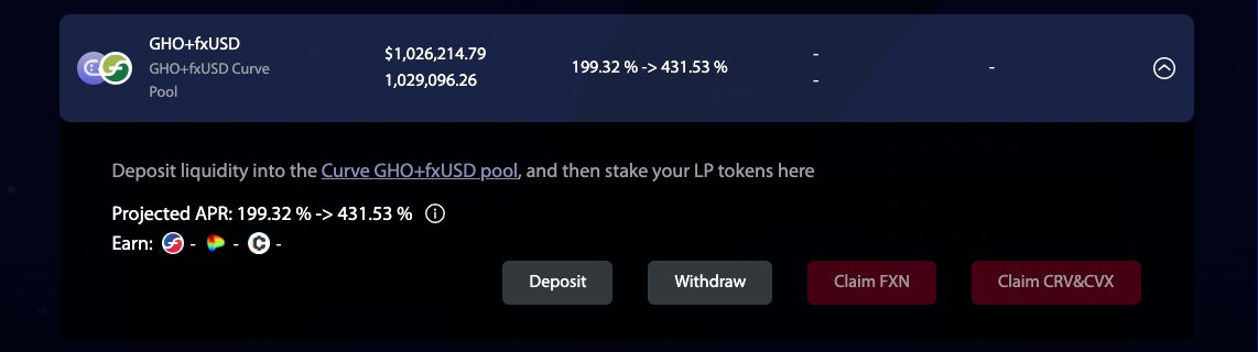 Token_Logic's tweet photo. The GHO/fxUSD party has kicked off in style🎉

Deposit GHO and/or fxUSD on @CurveFinance 
https://t.co/PE0qnC4SNO

Deposit the LP toke into @protocol_fx for

 199.32% to 431.53% APR 
https://t.co/d5nXKUPkUT

or, on @ConvexFinance

259.3% 
https://t.co/0GjL9kChZu

GHO Yield 🧑‍🍳🤌👻 https://t.co/Yrp0V65xFa