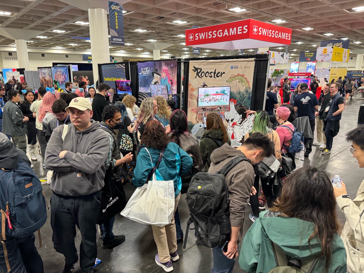 @OntarioCreates @WeroCreative @Official_GDC @AlientrapGames @KittenCupStudio @1kstarsstudio A look at the assembled crowd at the Sticky Brain Studios (@gumsmarts) #GDC2024 booth! The team is showing off their upcoming casual puzzle adventure game Rooster. #GDC24 #GDC