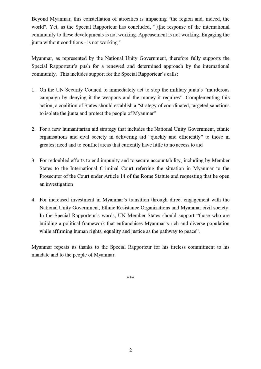 Republic of the Union of Myanmar National Unity Government Ministry of Human Rights @mohr_nug UNITED NATIONS HUMAN RIGHTS COUNCIL @UN_HRC 55th Session ITEM 4 - Interactive dialogue with the Special Rapporteur on the situation of human rights in Myanmar #WhatsHappeninglnMyanmar
