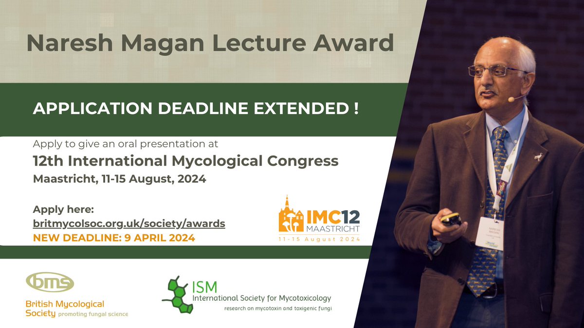 An award of up to 1250 Euros is available for an early-career researcher to give an oral presentation at #IMC12 in fungal ecology, fungal physiology, plant pathogens or mycotoxins.⭐️APPLICATION DEADLINE EXTENDED⭐️ britmycolsoc.org.uk/society/awards… @IMC12NL @ISM_Society