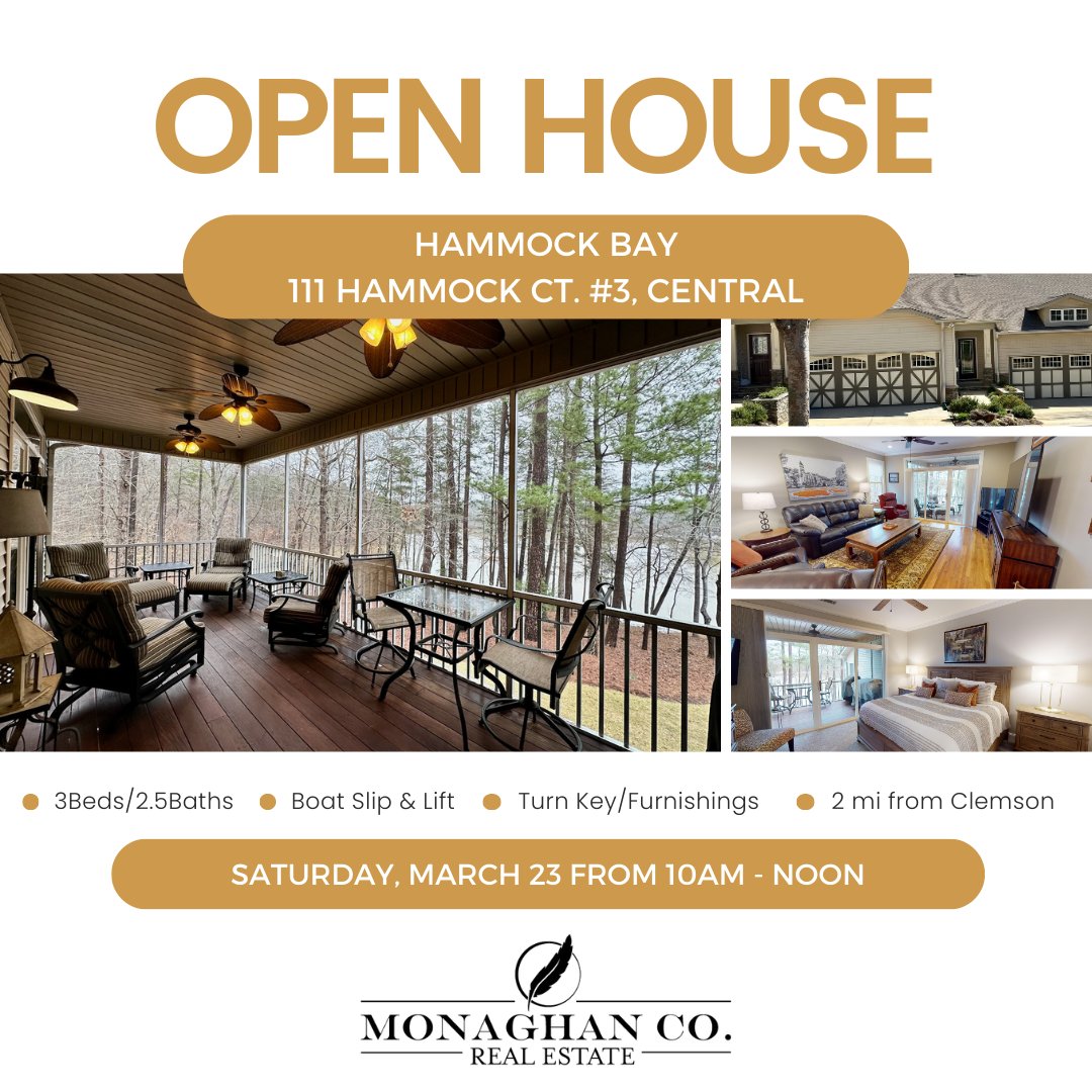 MonaghanCompany's tweet photo. Join Julie at this fantastic lakefront TH in Hammock Bay, only minutes from downtown Clemson and campus. Open House is Saturday, March 23 from 10:00 am - noon. 
#clemsonrealtors
#localknowledgematters https://t.co/97MMvRVL2u