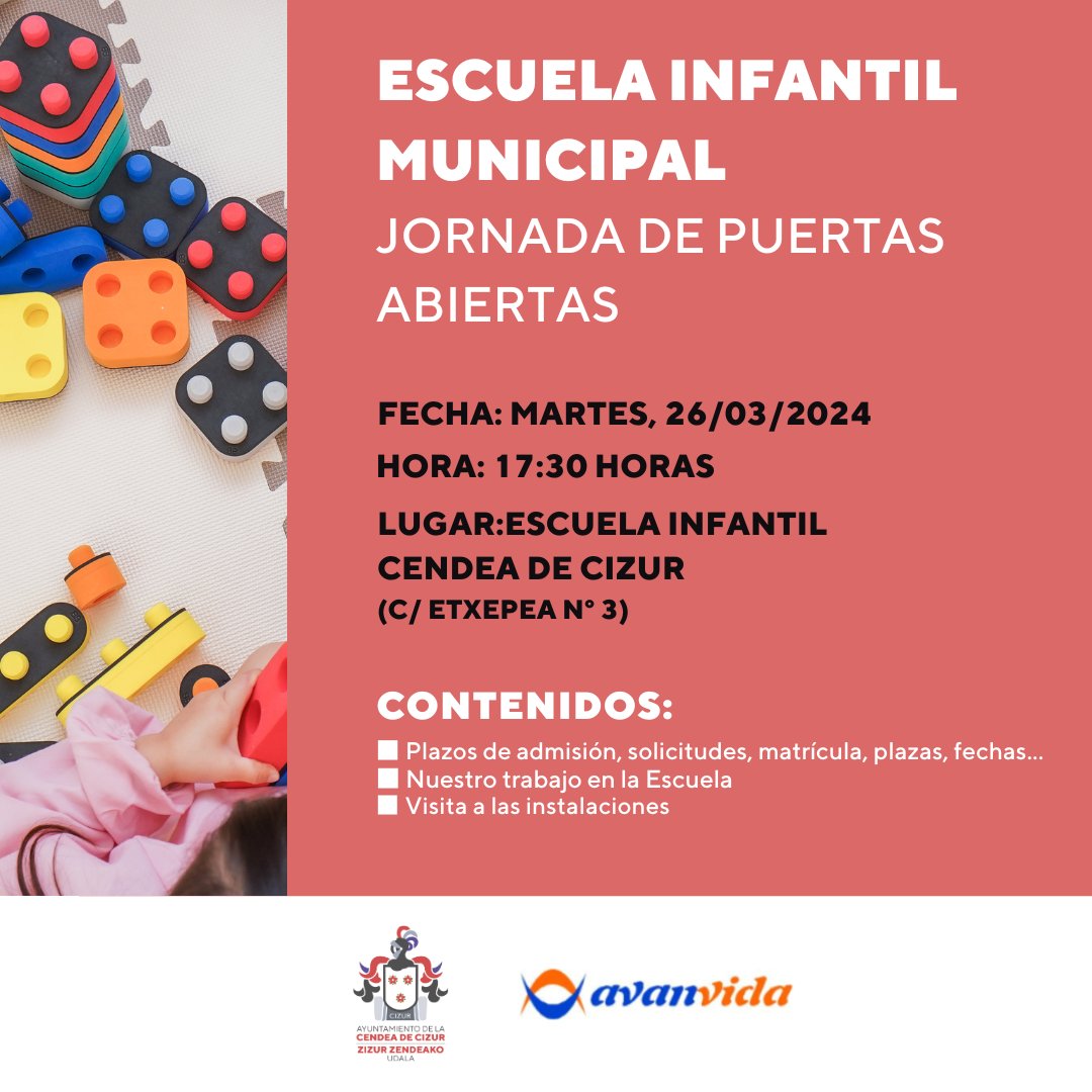 El próximo martes,26 de marzo, se realizará la jornada de puertas abiertas de la Escuela Infantil.
Os animamos a asistir todas las personas interesadas.
Adjuntamos el calendario del proceso de admisión:
⬇️ cendeadecizur.es/wp-content/upl…