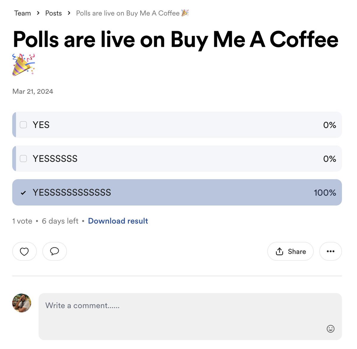 BTW, Polls are live on Buy Me A Coffee now ☕️🎉

👉 studio.buymeacoffee.com/posts/poll

PS - RT this tweet and I might buy you a coffee today 😉
