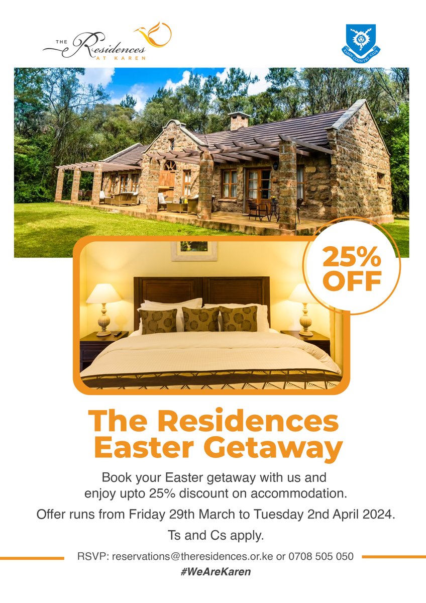 Escape the hustle and bustle of the city and immerse yourself in the peaceful ambiance of The Residences at Karen. Book your Easter holiday with us and enjoy 25% discount on accommodation. Book now via reservations@theresidences.or.ke or 0708 505050 #WeAreKaren