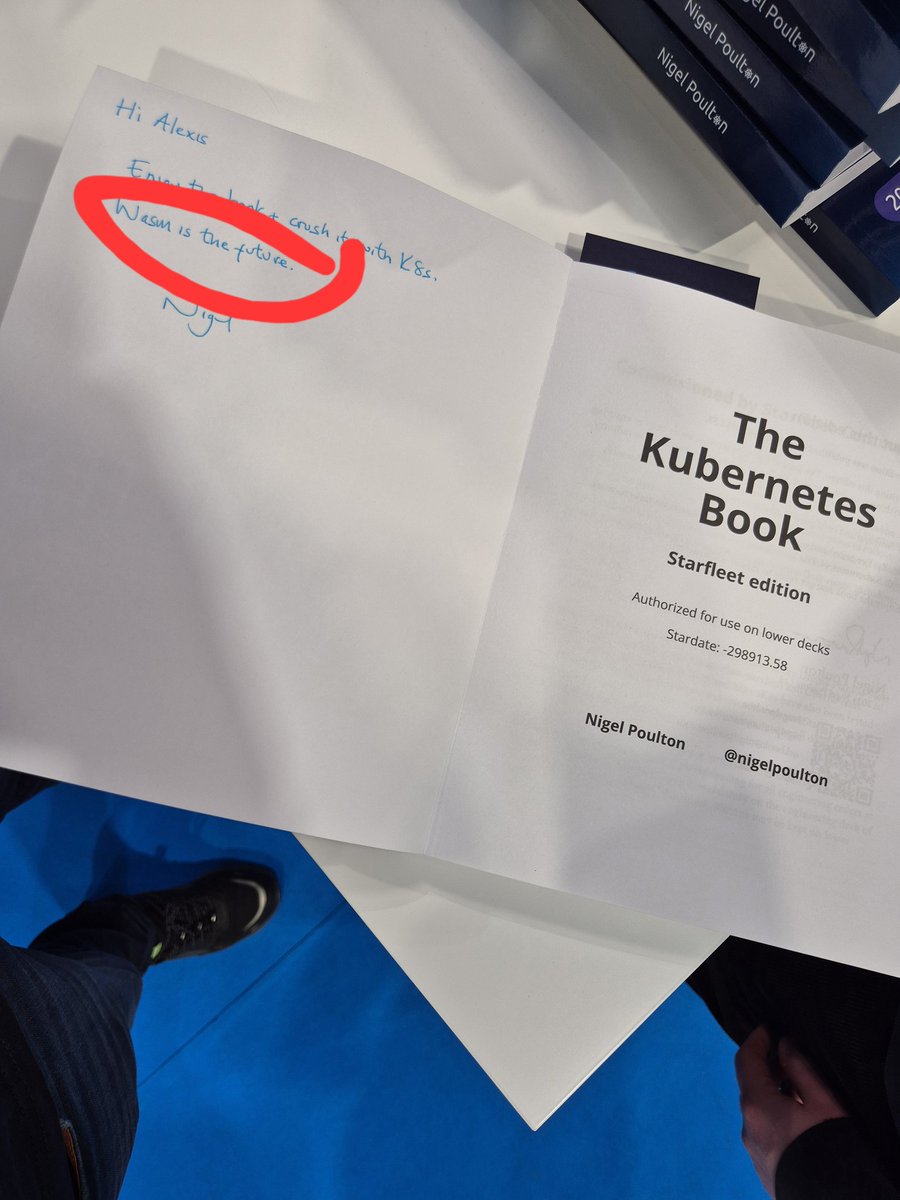 No pressure on the teams at @cosmonic and @fermyontech etc... but I just spent over an hour signing books with this... 😆 #KubeCon #Wasm