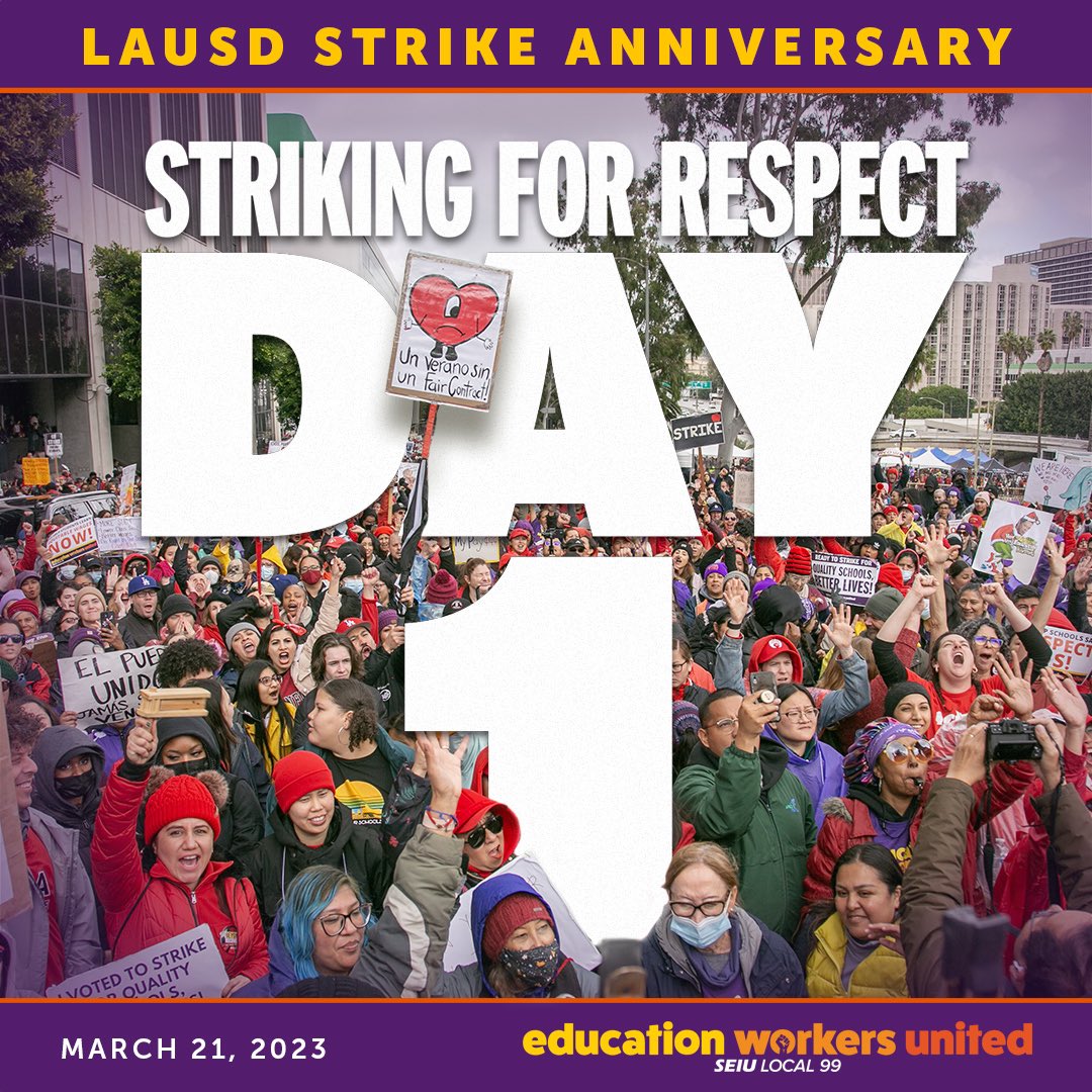 On this day last year, SEIU Local 99 members launched a 3-day strike from March 21 – 23 to protest @LASchools unfair labor practices. @UTLAnow members joined in solidarity. We stood united for LA kids in the largest public education strike in U.S. history.