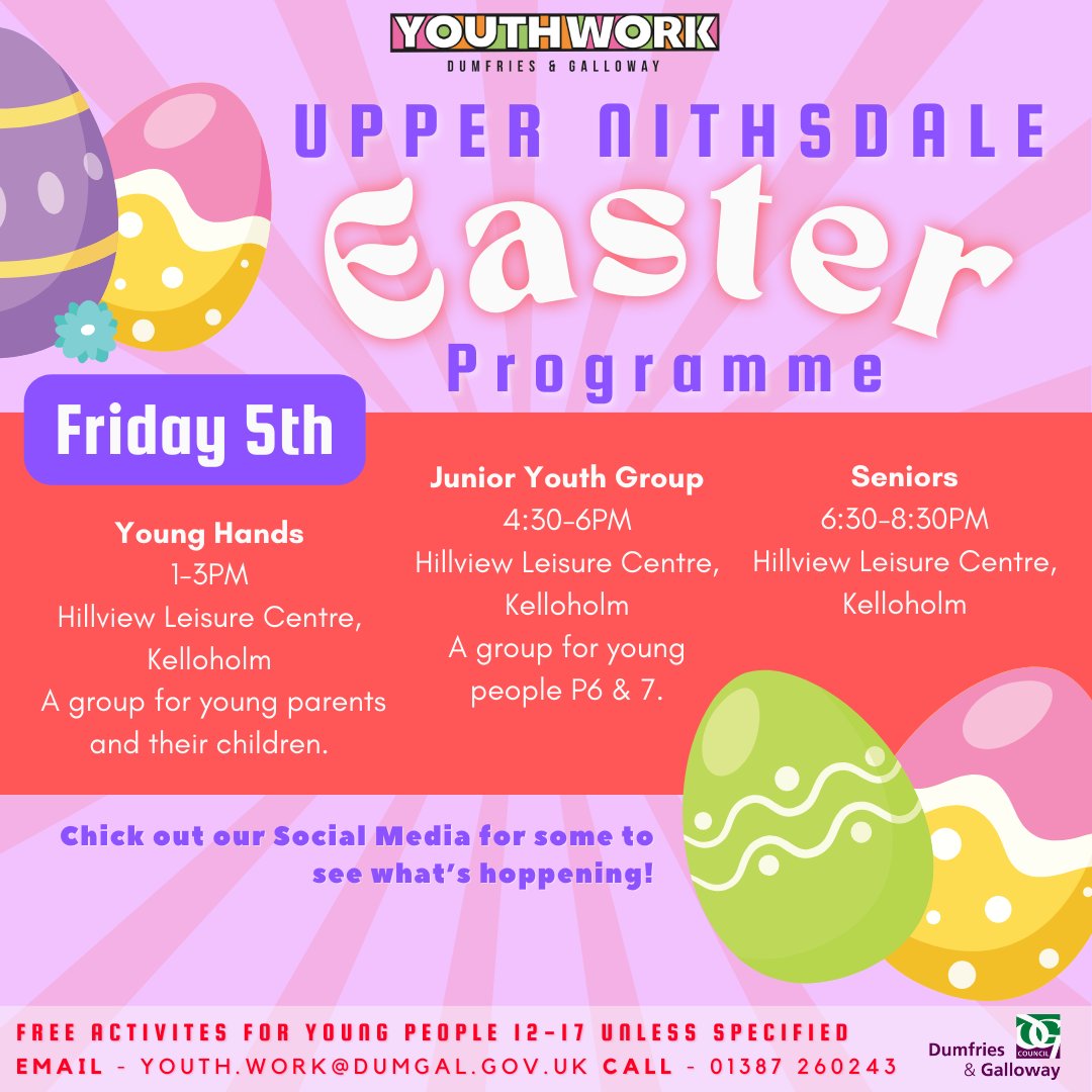 YOUTHWORKDG's tweet photo. Easter Programme in Upper Nithsdale! 🐣

Keep updated with our social media to see what our young people get up to 🙌

Don't forget we still have our Resilient Minds Training &amp; our P7 Social Transitions Fun Days! Sign up via socials.

#Easterprogramme #YouthWorkDG #UpperNithsdale https://t.co/RUGVqxSujI