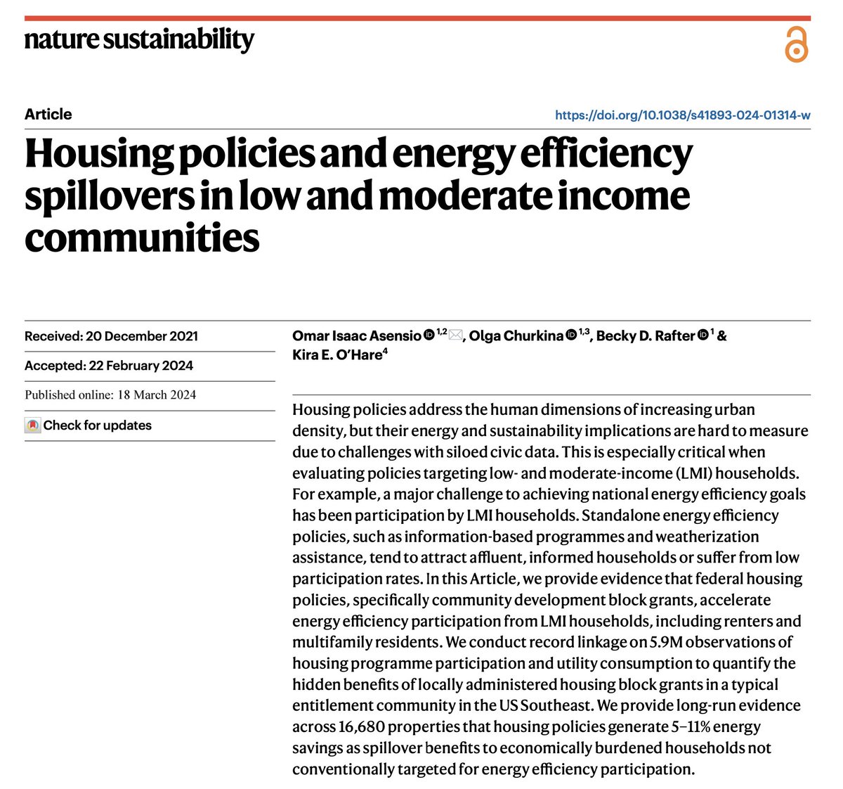 NEW: Driving energy efficiency in disadvantaged communities has been fundamentally challenging. Our new research in Nature Sustainability shows that housing policies offer important mechanisms to accelerate energy efficiency among lower income communities nature.com/articles/s4189…