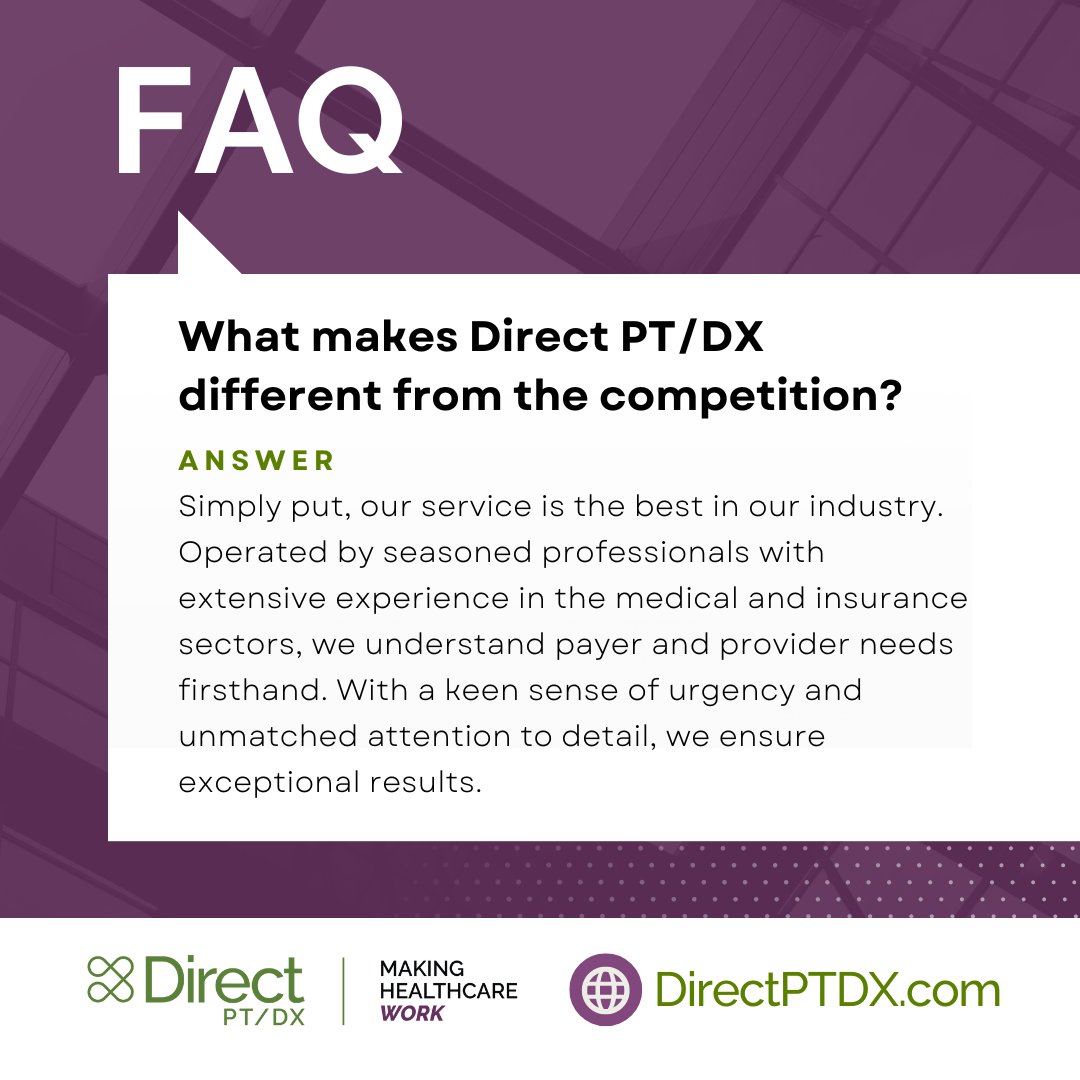 We're not like our competition, our service is the best in our industry. Ready to experience prompt scheduling and efficient reporting? 

Schedule your appointment today and discover the Direct PT/DX difference! 📅 

#EfficientHealthcare #ScheduleNow