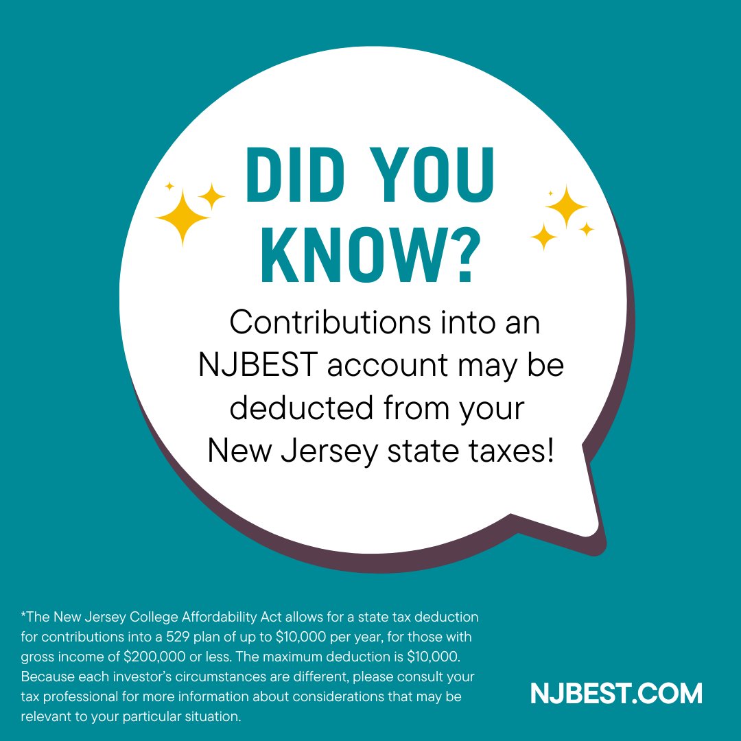 Tax time is coming, but this news might soften the blow to your wallet. New Jersey households earning up to $200,000 gross per year or less can deduct up to $10,000* in contributions made to an NJBEST 529 College Savings Plan: njbest.com/why-njbest/njb…