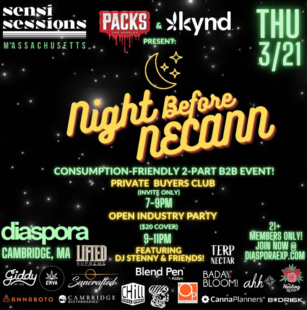 Kick off your NECANN week with Sensi Sessions/Night Before NECANN at Diaspora in Cambridge, MA on Thursday, March 21! For tickets visit loom.ly/fKqK1lk #NECANN #SensiSessions #NightBeforeNECANN #Diaspora #cannabis #consumptionfriendly #B2B #party #DJStenny @sensimag