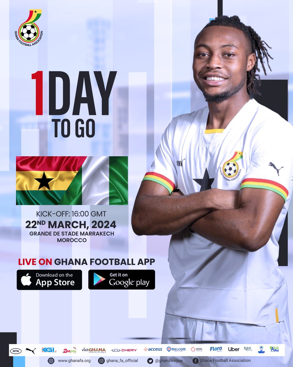 1️⃣ day more to our International Friendly against Nigeria at the Grande de Stade Marrakech in Morocco. 🇬🇭🇳🇬 ⚔️ Kick-Off: 16:00 GMT 🕰️ #BlackStars | #GHANGA