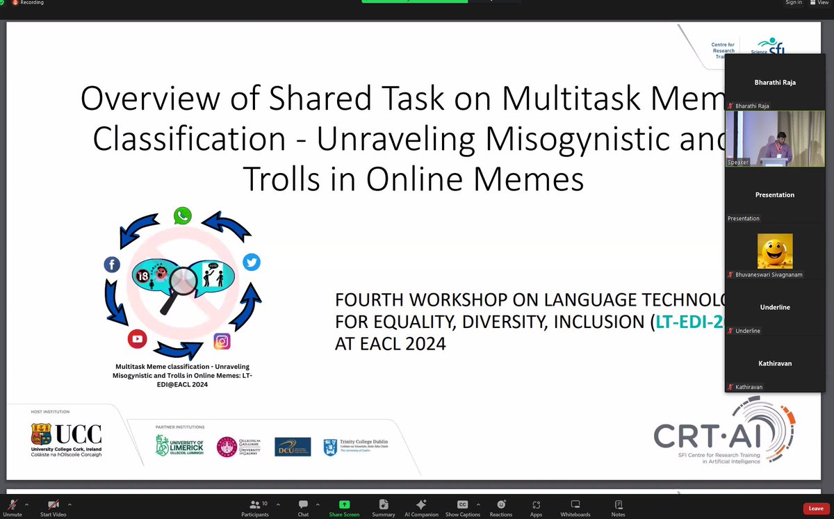Rahul presenting the Overview of Shared Task on Multitask #Meme Classification - Unraveling #Misogynistic and #Trolls in Online Memes at #LTEDI 2024 at #EACL 2024
<a href="/insight_centre/">Insight Research Ireland Centre</a> #insightdiversity <a href="/crt_ai/">Research Ireland CRT in Artificial Intelligence</a> <a href="/galwaycs/">School of Computer Science, University of Galway</a> <a href="/galwayDSI/">Data Science Institute @ University of Galway</a> <a href="/uniofgalway/">Ollscoil na Gaillimhe | University of Galway</a> aclanthology.org/2024.ltedi-1.1…