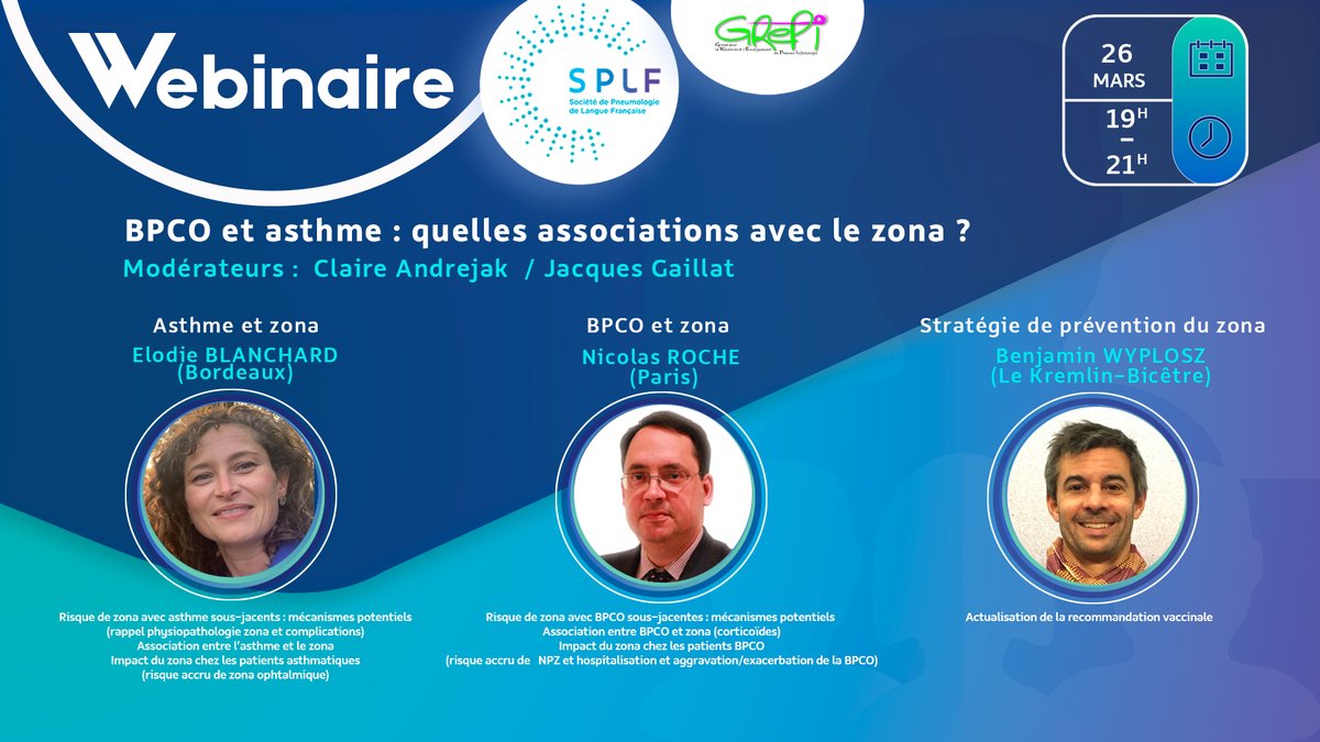 PRENEZ DATE : Mardi 26 mars de 19h à 21h 🗓
Webinaire BPCO et Asthme : quelles associations avec le zona ?
Groupe d'#infectiologie de la <a href="/SPLF_SocPneumo/">Société de Pneumologie de Langue Française (SPLF)</a> 
👉tinyurl.com/5yp2sur4
<a href="/SFV_France/">Societe Francaise De Virologie</a> <a href="/AsthmeAllergies/">Asthme & Allergies</a> <a href="/BpcoGroupe/">Groupe BPCO SPLF</a> 
#BPCO #zona #asthme #Pneumologie #vaccination #prevention