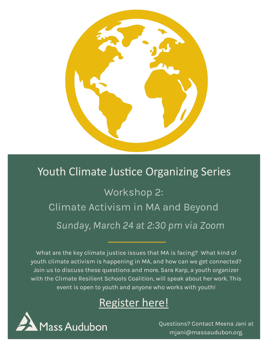 TWCYouthClimate's tweet photo. What kind of youth climate activism is happening in MA, and how can we get connected? Join us to discuss these questions and more. Youth Organizer Sarah Karp will speak about her climate work.

Register here:
https://t.co/O7REWx9BGc https://t.co/hqePVk4O2U