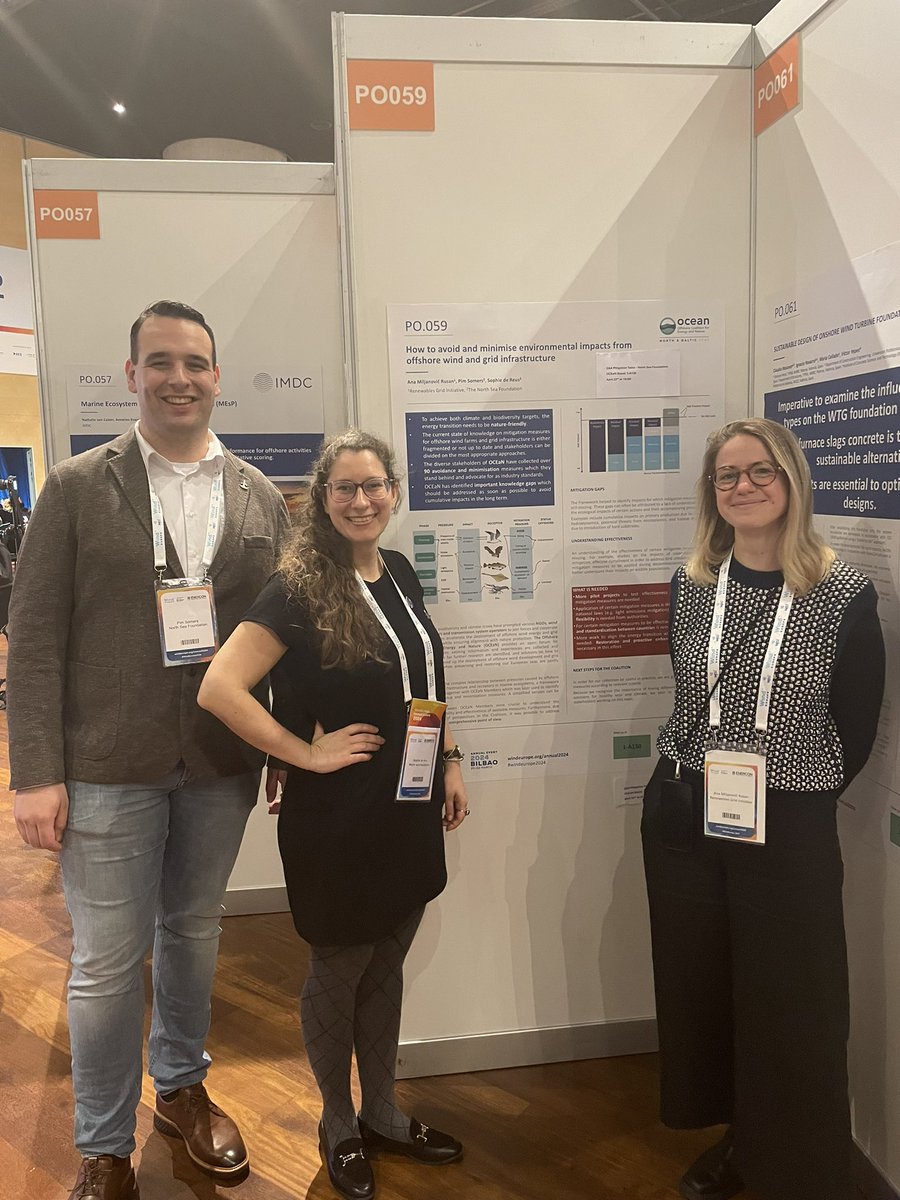 We're at the poster award ceremony at #WindEurope24! 

OCEaN’s poster with @denoordzee showcases how we can avoid + mitigate environmental impacts from offshore wind & grid infrastructure - and outlines knowledge gaps, challenges & recommendations

💡Stop by P0.059 to learn more!