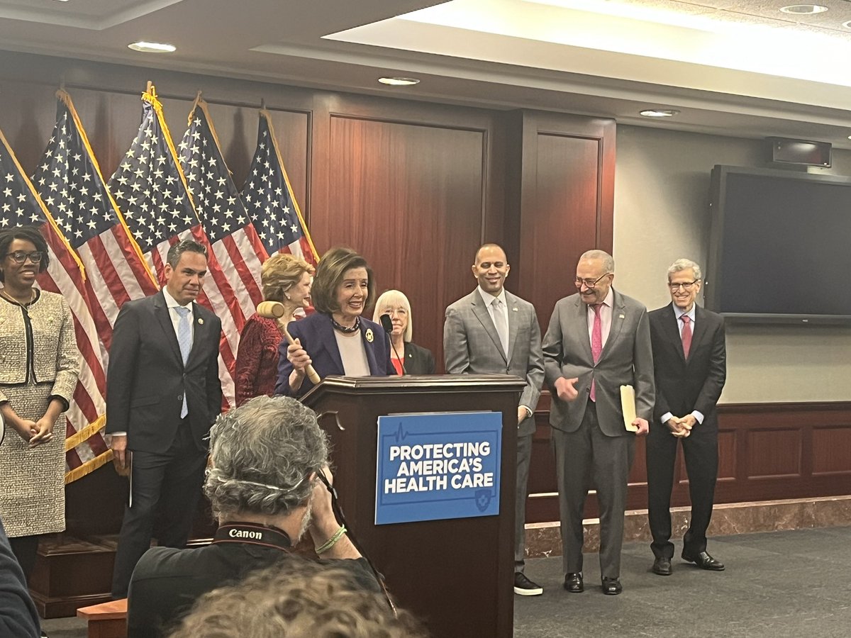 At event commemorating 14 years since ACA passage, Speaker Emerita Pelosi holds gavel that was used to pass it. Schumer to Pelosi: “Remember what that was like?”