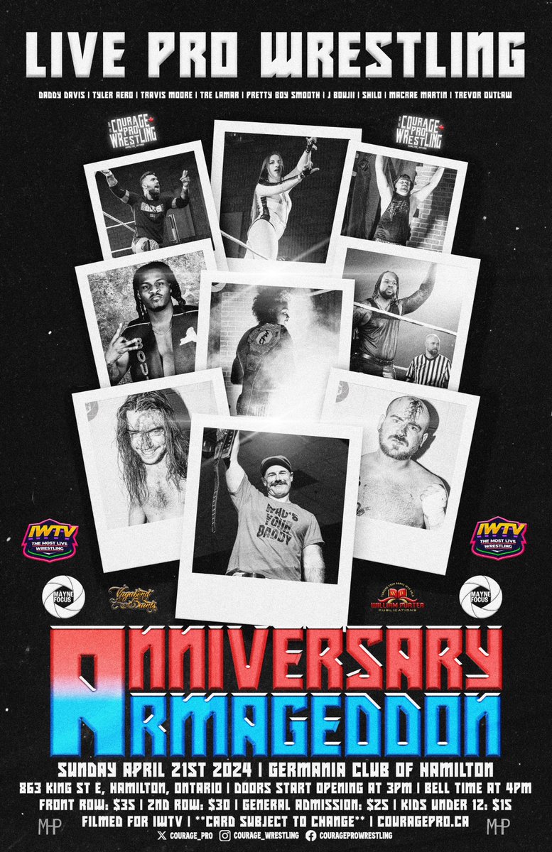 ‼️OFFICIALLY ONE MONTH AWAY‼️ Sunday April 21st 2024 Courage Pro Wrestling presents 'Anniversary Armegeddon' 🎟️🎟️TICKETS🎟️🎟️ AnniversaryArmegeddon.eventbrite.ca Promo Code: 'ONEMONTH' for 20% OFF ALREADY ANNOUNCED: - @iknowshilo vs @ItsAlexiaNicole - @TreLaMar_ vs @the_travismoore Plus:…