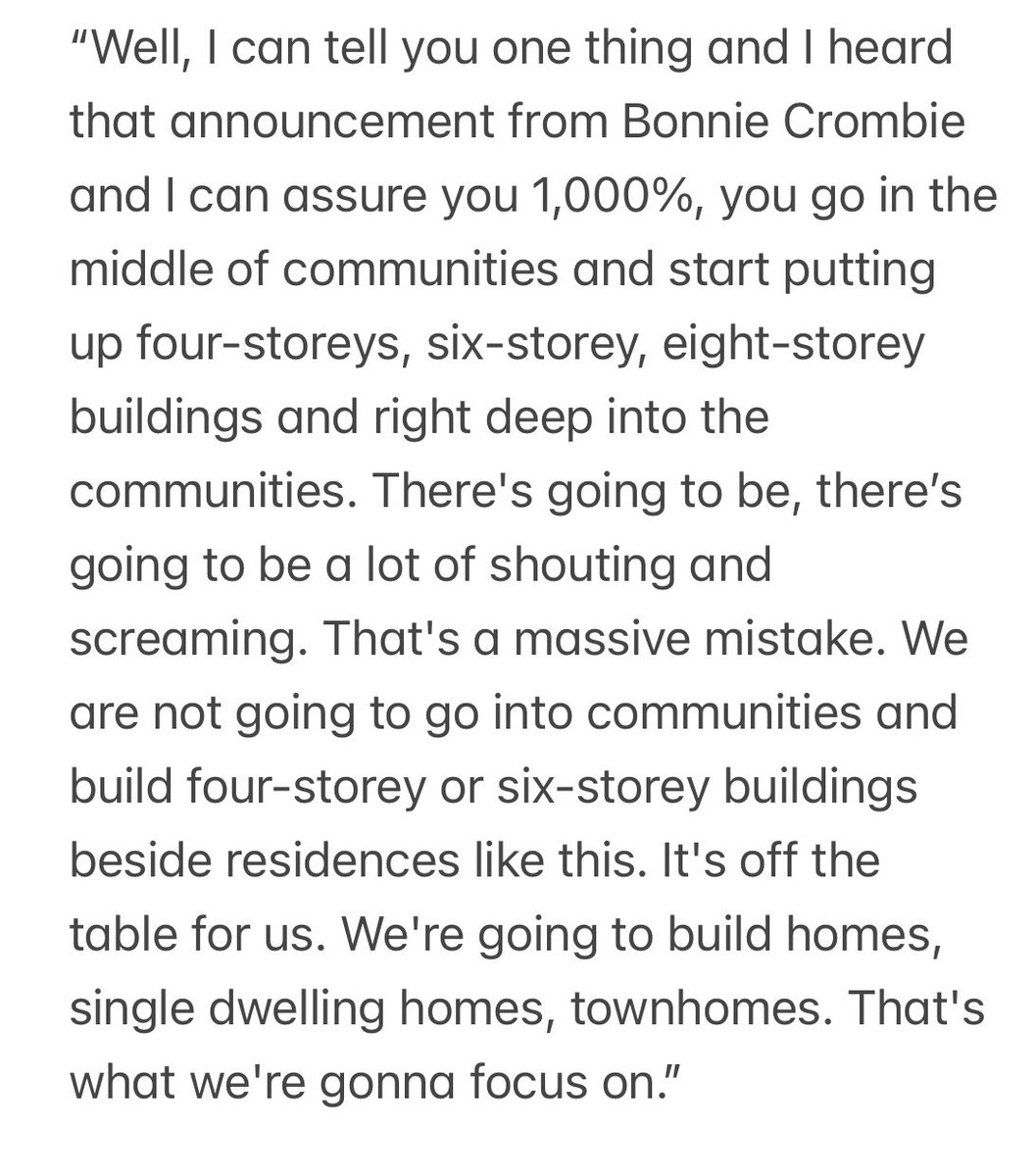 New: At today’s presser, Premier Doug Ford ruled out fourplexes provincewide, saying putting them in the middle of communities is “a massive mistake.” “It's off the table for us. We're going to build homes, single dwelling homes, townhomes.” Premier’s full response to my Q: