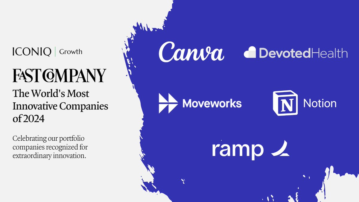 🏆 Congratulations to @canva, @DevotedHealth, @moveworks, @NotionHQ, and @tryramp for making The World's Most Innovative Companies of 2024 list by @FastCompany. We're proud to support all of you! 🥳 Read more: fastcompany.com/most-innovativ…
