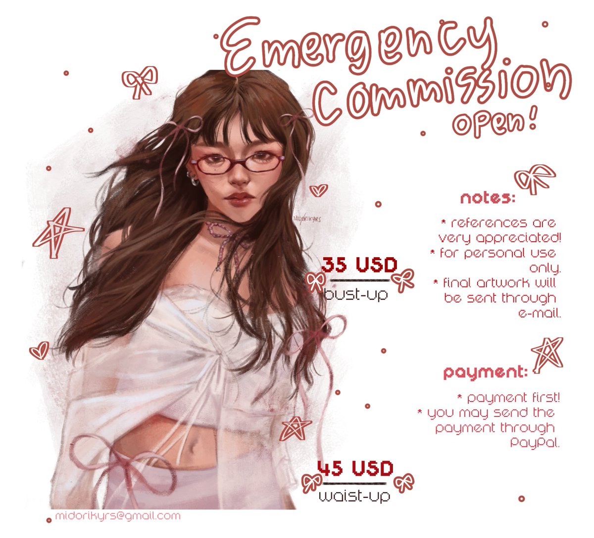 hello!! (please RT 🥹🩷)

i’m currently accepting emergency c🎀mmissi🎀ns !! i need to buy smth important! ⁠^⁠^ 4-6 slots available!! 

can finish within the day~!! 
thank you!! 🩷