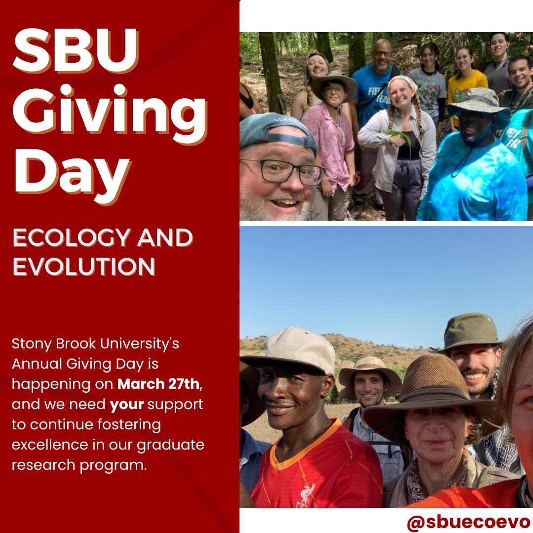 ❗Calling all Stony Brook Ecology &amp; Evolution supporters❗ Mark your calendars for NEXT WEDNESDAY, March 27th - it's #SBUGivingDay!
Your gift to the Ecology &amp; Evolution Excellence Fund unlocks opportunities for our amazing grad students.