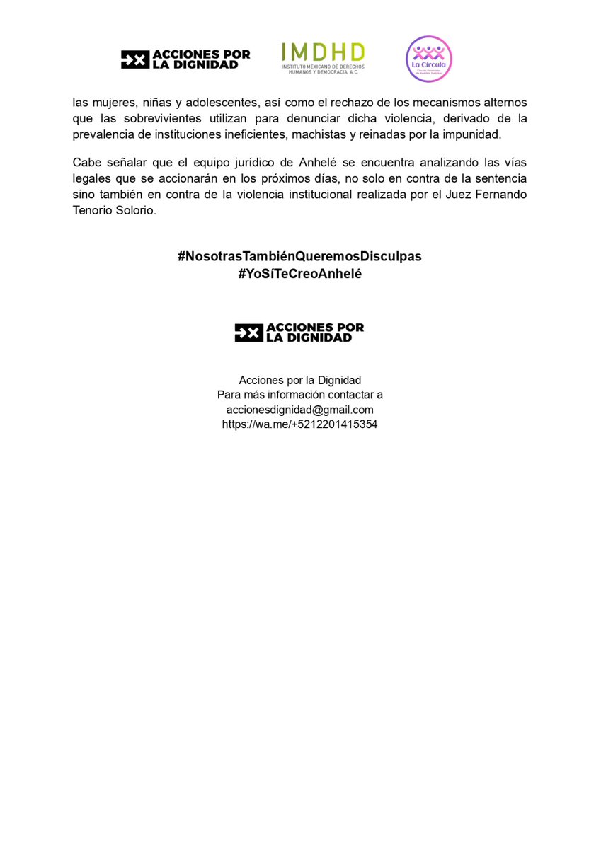 #Urgente ⚠️ A una semana del #8M, juez condena a víctima de violencia sexual a disculparse con su agresor.

Checa el comunicado completo:  

#NosotrasTambiénQueremosDisculpas
#YoSíTeCreoAnhelé