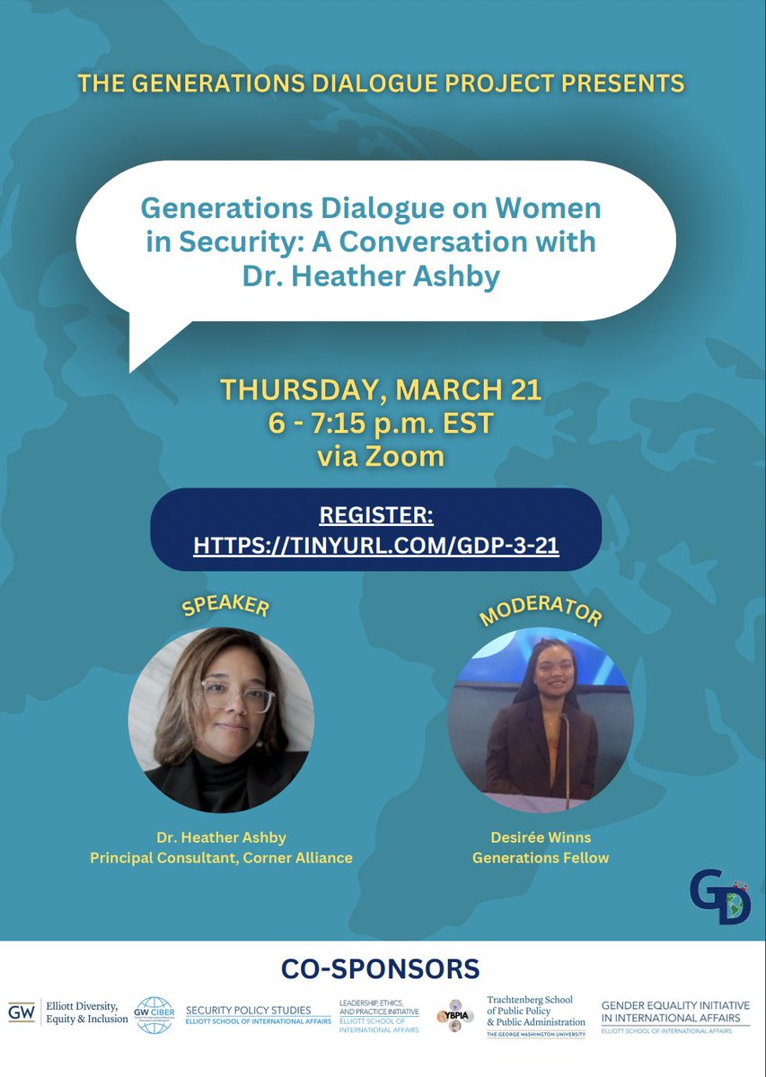 Join the Generations Dialogue Project for an insightful discussion with foreign policy and national security expert Dr. Heather Ashby at 6 pm today! 

Registration for zoom link: gwu-edu.zoom.us/webinar/regist…