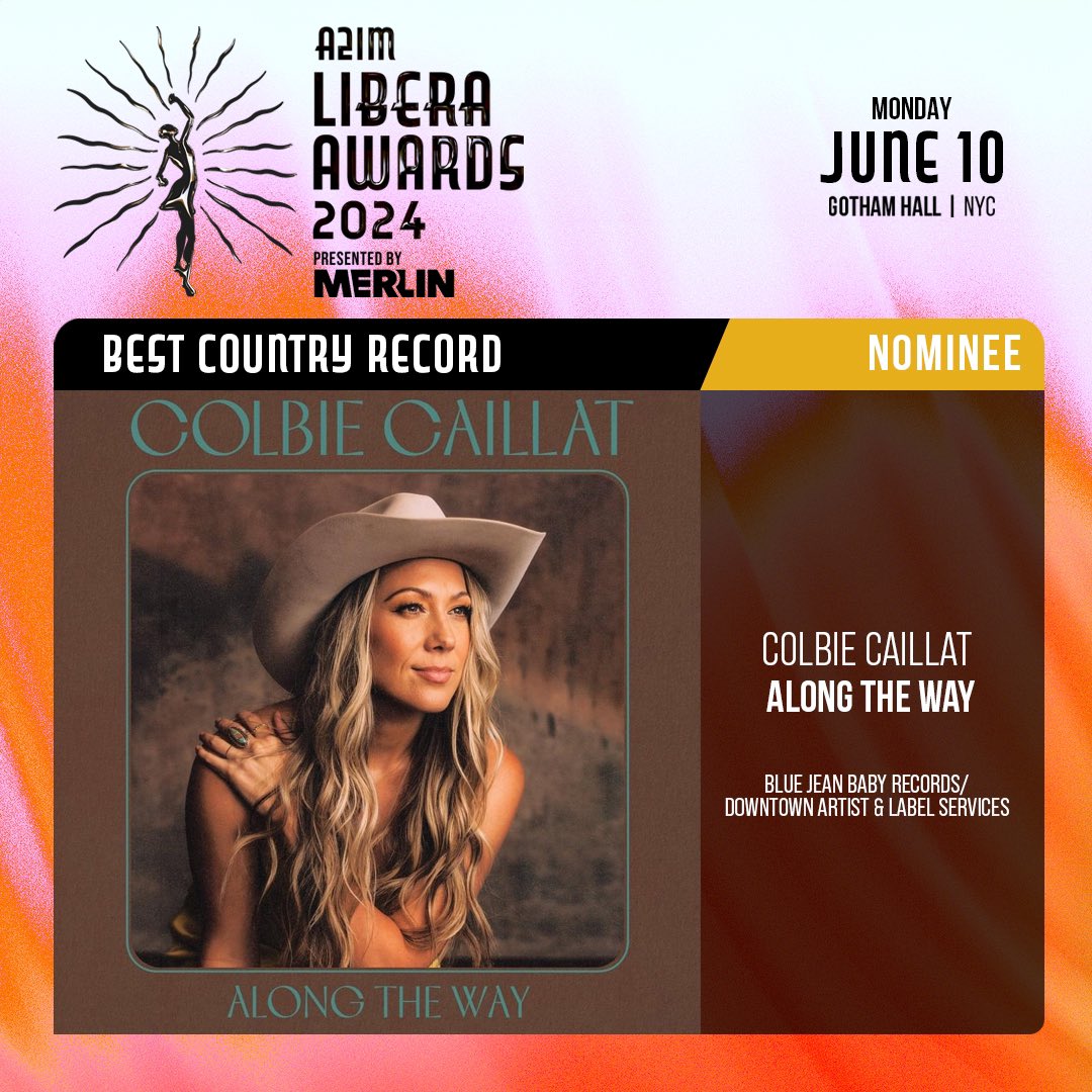 So happy 'Along The Way' has been nominated for Best Country Record for the @LiberaAwards! This is my favorite record l've ever written and recorded + Voting will be open until 4/3 and you can get your tickets for The Libera Awards show on 6/10 at colbiecaillat.com/liberaawards 🎫