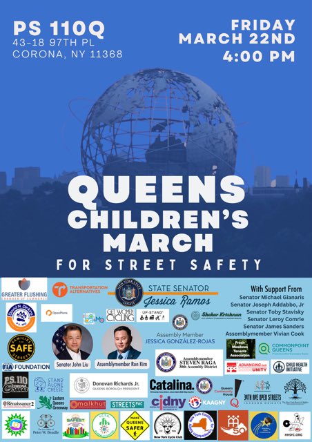 Queens neighbors, meet us this Friday, 3/22 at 4pm at PS 110Q (43-18 97th Pl) in Corona as we march for street safety for children in Queens. ❤️