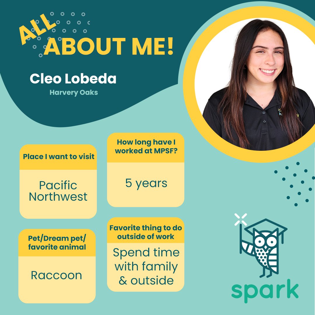 🌟This week's Spark Director spotlight is Cleo Lobeda!🌟 Cleo is at Harvey Oaks and has worked for the MPSF for 5 years!