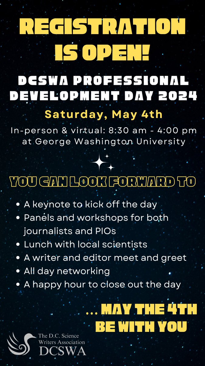 This year's Professional Development Day is on Saturday, May 4th (in-person & virtual!) The day will include a keynote talk, panel discussions and workshops, lunch with local scientists, a writer-editor meet and greet, and more! Register now🔗 dcswa.wildapricot.org/event-5643066