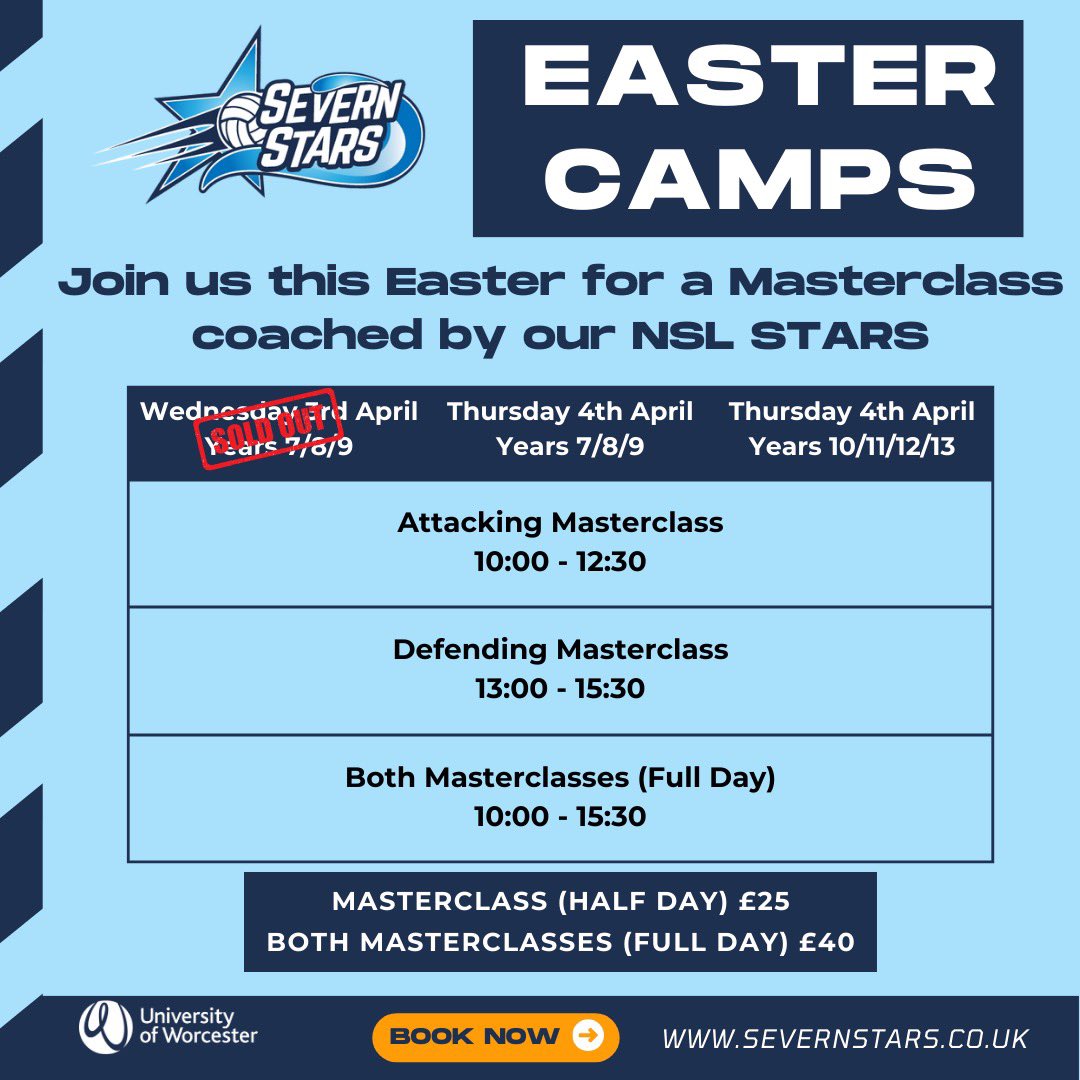 SevernStars's tweet image. 🌟🐣EASTER CAMPS🐣🌟

Join us this Easter for a Masterclass coached by our NSL Stars 🤩 

✨Wednesday 3rd April: SOLD OUT 
✨Thursday 4th April: LIMITED SPACES
✨Thursday 4th April: LIMITED SPACES

Book Now 👉 webengine-01.worc.ac.uk/futurestars/ 

#netball #netballtraining #netballskills