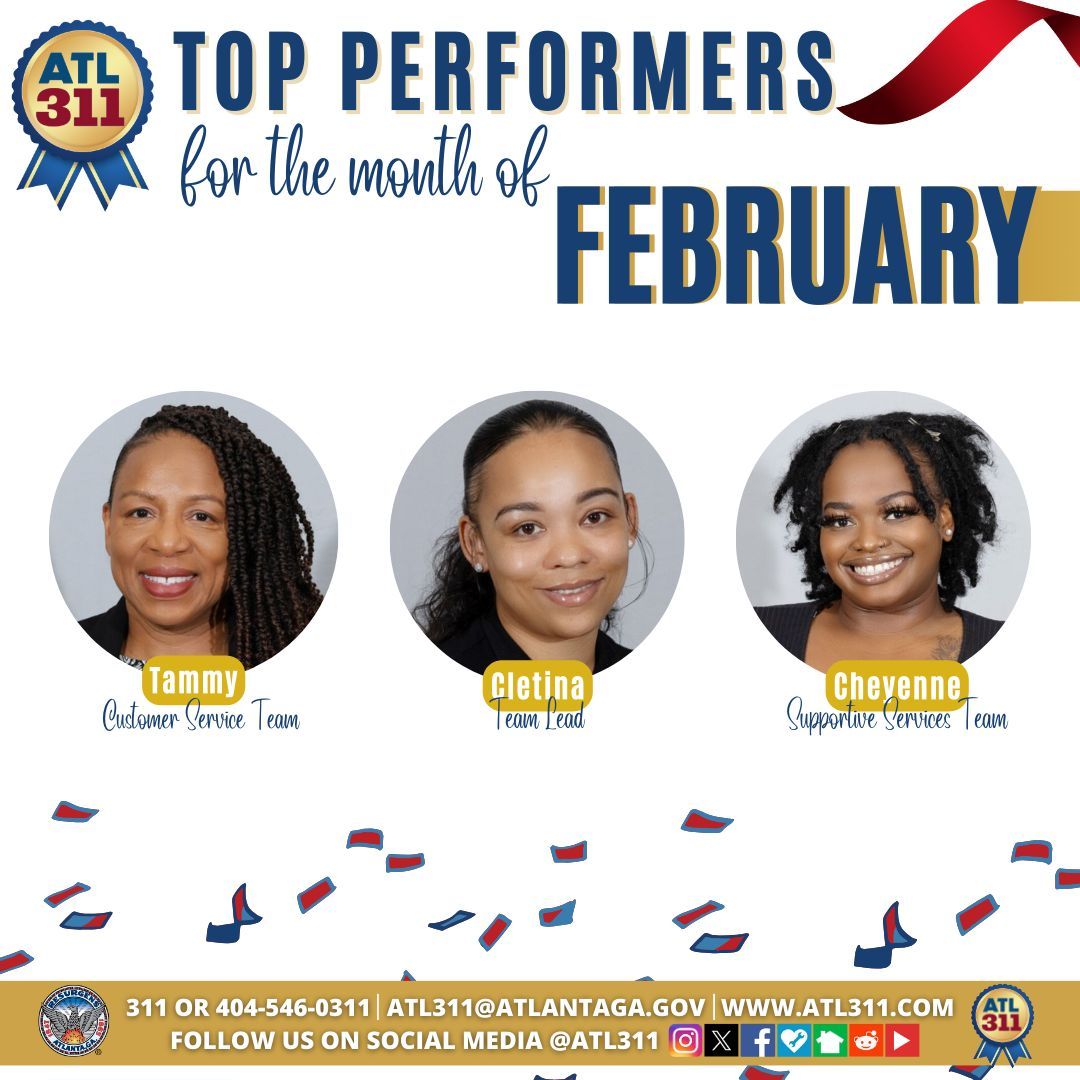 Join us in honoring the outstanding achievements of our top performers at ATL311. Their efforts have made a positive impact, ensuring seamless experiences and efficient solutions for our residents. Congratulations to our exceptional team for their exceptional work!👏 🎇