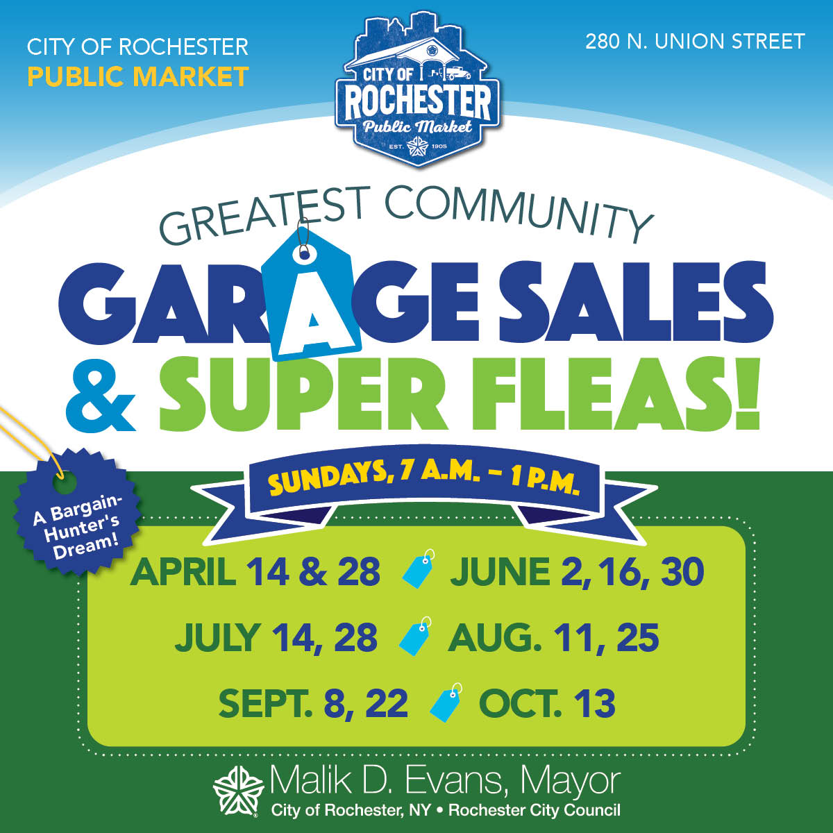 The 2024 Community Garage Sales and Superfleas series starts on April 14th at the City of Rochester Public Market! Find amazing deals on furniture, clothing, collectibles, jewelry, artwork, and more, all in one place! Visit cityofrochester.gov/garagesales/ for details.