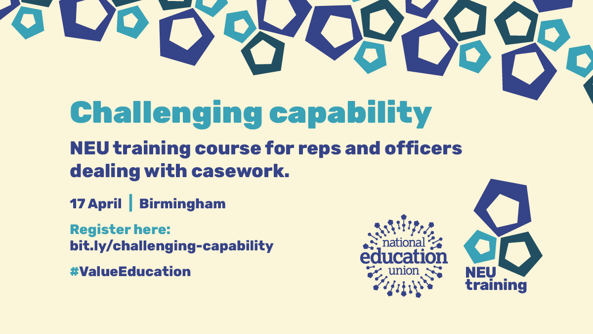 📢 Challenging capability @NEUTraining Explore the concept of capability as a method of management control. 📅17 April 📌Birmingham ✍️Register here 👉 bit.ly/challenging-ca… *Aimed at reps, and branch/district officers who are new to dealing with casework. #ValueEducation