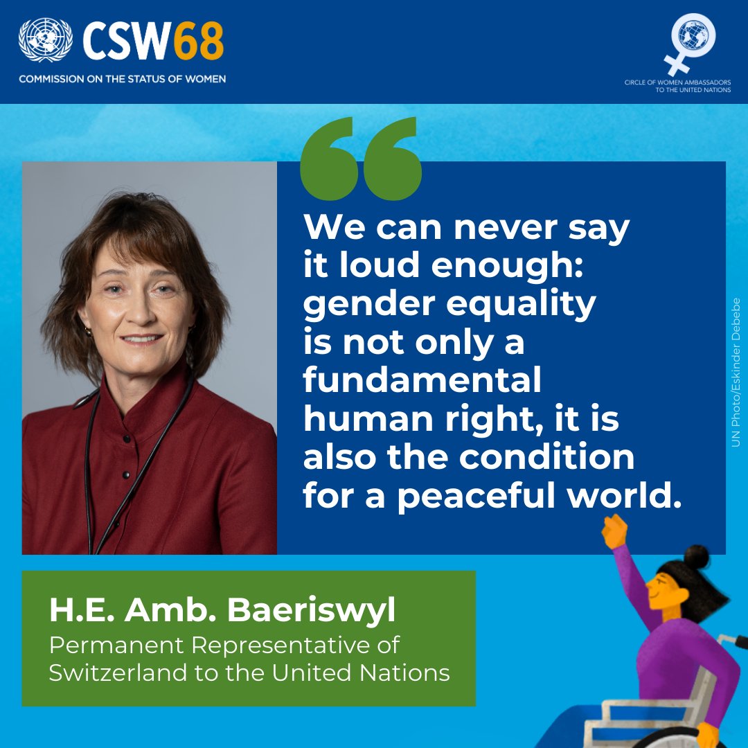 The Circle of Women Ambassadors to the @UN are committed to achieving #GenderEquality and the empowerment of all women and girls and working towards ending women’s poverty. This is the message of H.E. @SwissAmbUN_NY Baeriswyl of @swiss_un. #CSW68 #InvestInWomen