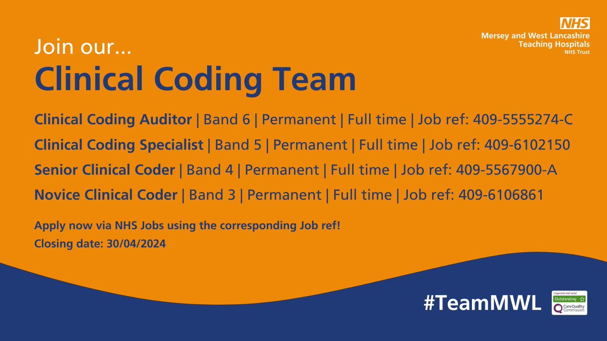 📣 We're looking for applicants from a variety of experiences and levels to join our expanding and developing Clinical Coding Team!

✅ Apply now for each role by searching the Job ref via NHS Jobs!

📅 Closing date for all vacancies: 30/04/2024

#TeamMWL #ClinicalCoding
