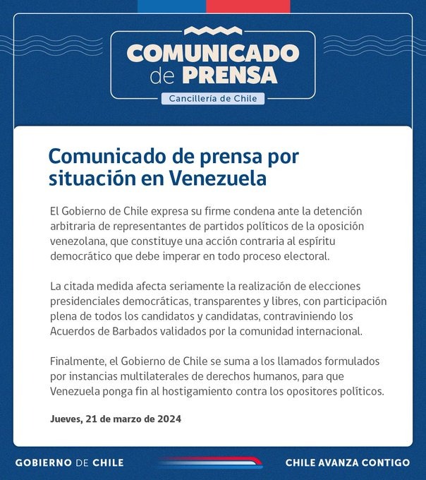 Braulio Jatar Alonso (@brauliojatara) on Twitter photo #URGENTE
Agradezco a presidente <a href="/GabrielBoric/">Gabriel Boric Font</a> su canciller <a href="/AlbertoKlaveren/">Alberto van Klaveren</a> y a <a href="/GobiernodeChile/">Gobierno de Chile</a> por su contundente respuesta a nuestras peticiones . Gracias a ONG de inmigración por colaborar con nuestro pedido. No dejemos solos a nuestros demócratas en Venezuela. #URGENTE
Agradezco a presidente <a href="/GabrielBoric/">Gabriel Boric Font</a> su canciller <a href="/AlbertoKlaveren/">Alberto van Klaveren</a> y a <a href="/GobiernodeChile/">Gobierno de Chile</a> por su contundente respuesta a nuestras peticiones . Gracias a ONG de inmigración por colaborar con nuestro pedido. No dejemos solos a nuestros demócratas en Venezuela.