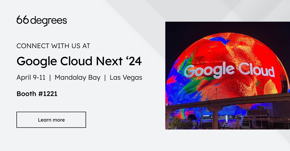 Headed to #GoogleCloudNext? Meet the 66degrees team at Booth #1221 ☁️ 🌆 

Learn about our speaker sessions, how you can connect with us at the conference, and more: buff.ly/4cs5ZXW