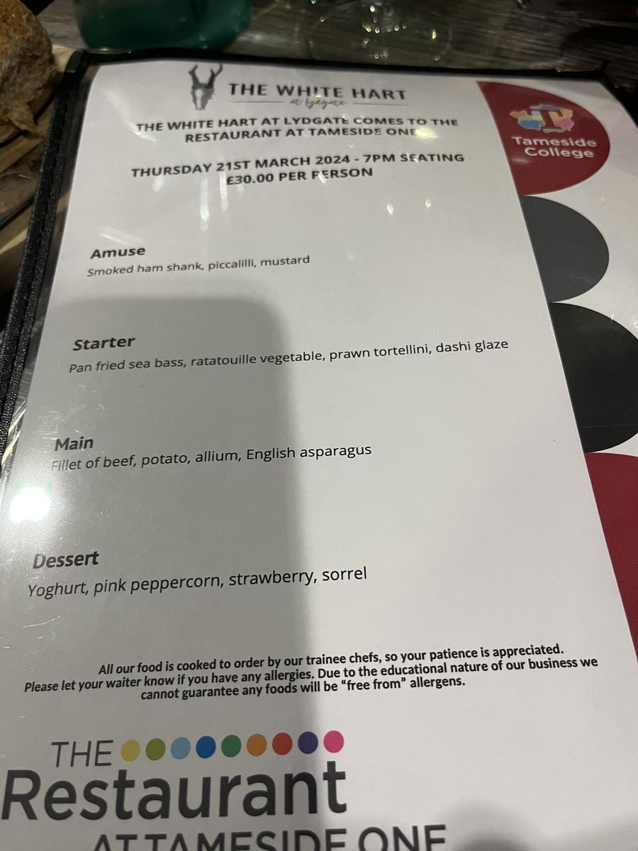workjackie's tweet photo. Nice night at ⁦@TamesideCollege⁩ for the White Hart at Lydgate takeover of the ⁦@RestaurantAtT1⁩   Menu looks delicious yum yum😀 https://t.co/Swe5ZqH6tA