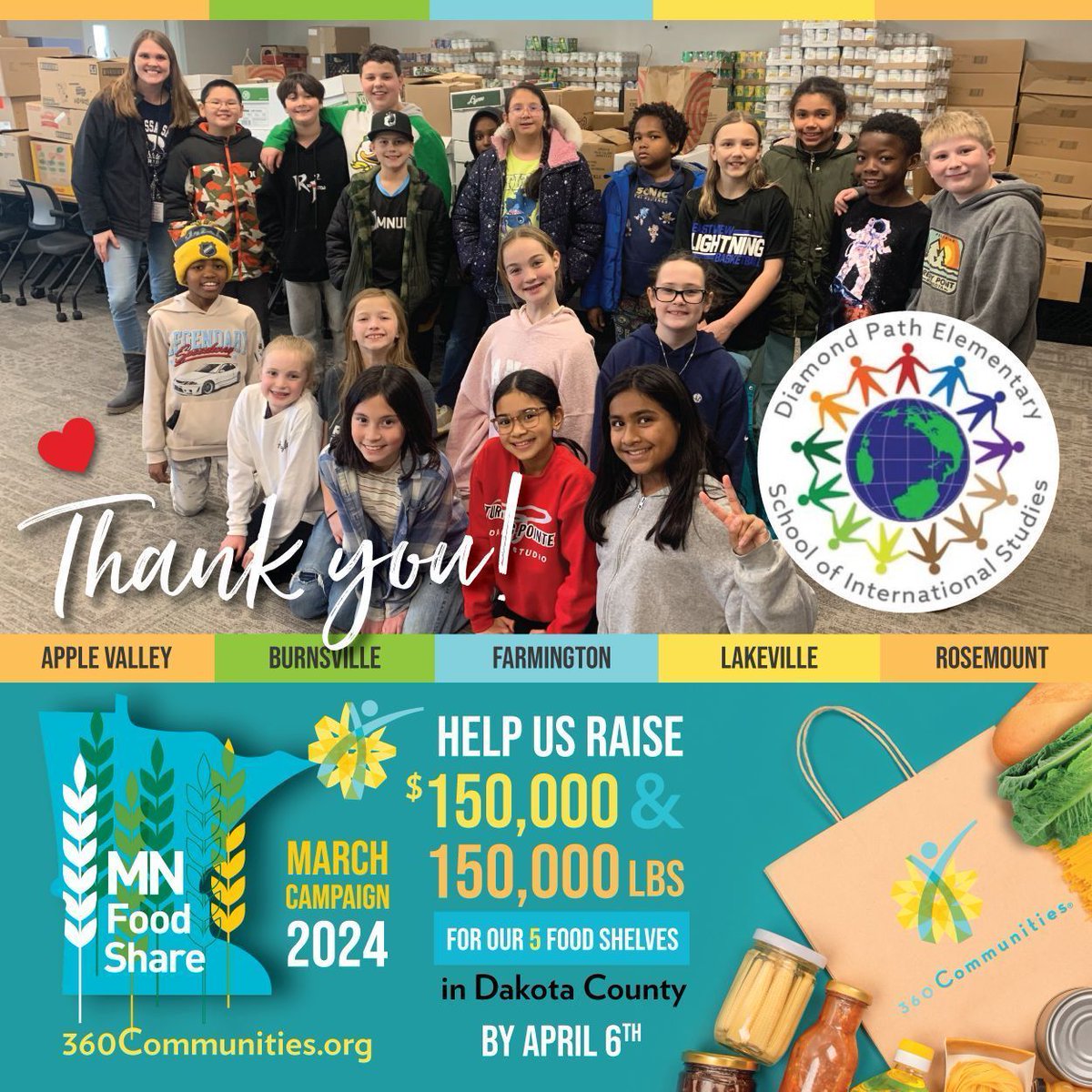 Thank you to the 4th &amp; 5th graders from Diamond Path Elementary in Apple Valley <a href="/DiamondPath196/">Diamond Path Elementary</a> <a href="/ISD196schools/">DISTRICT 196-ʀᴏsᴇᴍᴏᴜɴᴛ-ᴀᴘᴘʟᴇ ᴠᴀʟʟᴇʏ-ᴇᴀɢᴀɴ sᴄʜᴏᴏʟs</a> for collecting 1,427 lbs of food for our <a href="/MNFoodShare/">Minnesota FoodShare</a> March Campaign! Wow! You are #hopeforthefuture! ❤️ Donate food or funds now thru April 6th: buff.ly/3viCJlJ