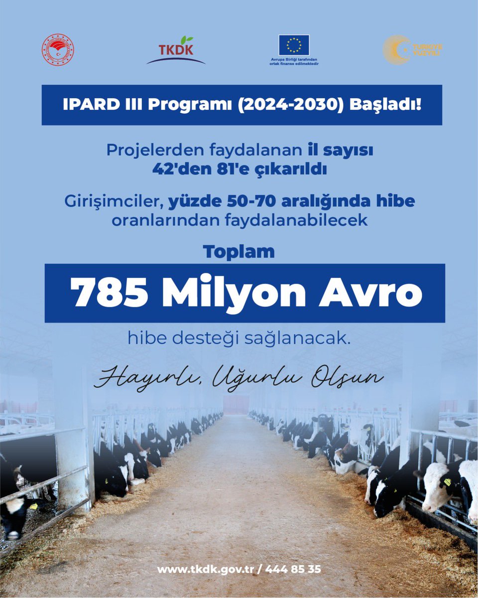 IPARD III Programı ile birlikte kırsal kalkınma alanında yeni bir dönem başlıyor. Daha önce 42 ilde uygulanan IPARD destekleri bugünden itibaren 8️⃣1️⃣ ilimizde uygulanabilecek. 7 yıllık süreçte toplam 785 milyon avroluk hibe desteğini girişimcilerimizle buluşturacağız. #TKDK🇹🇷🇪🇺