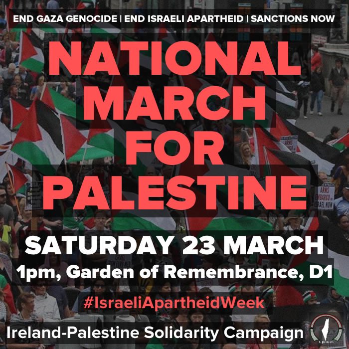 Mandate members should assemble at 12:45 in Mandate Head Office, O’Lehane House, Cavendish Row, Dublin 1 this Saturday for the National March for Palestine. #israeliapartheidweek