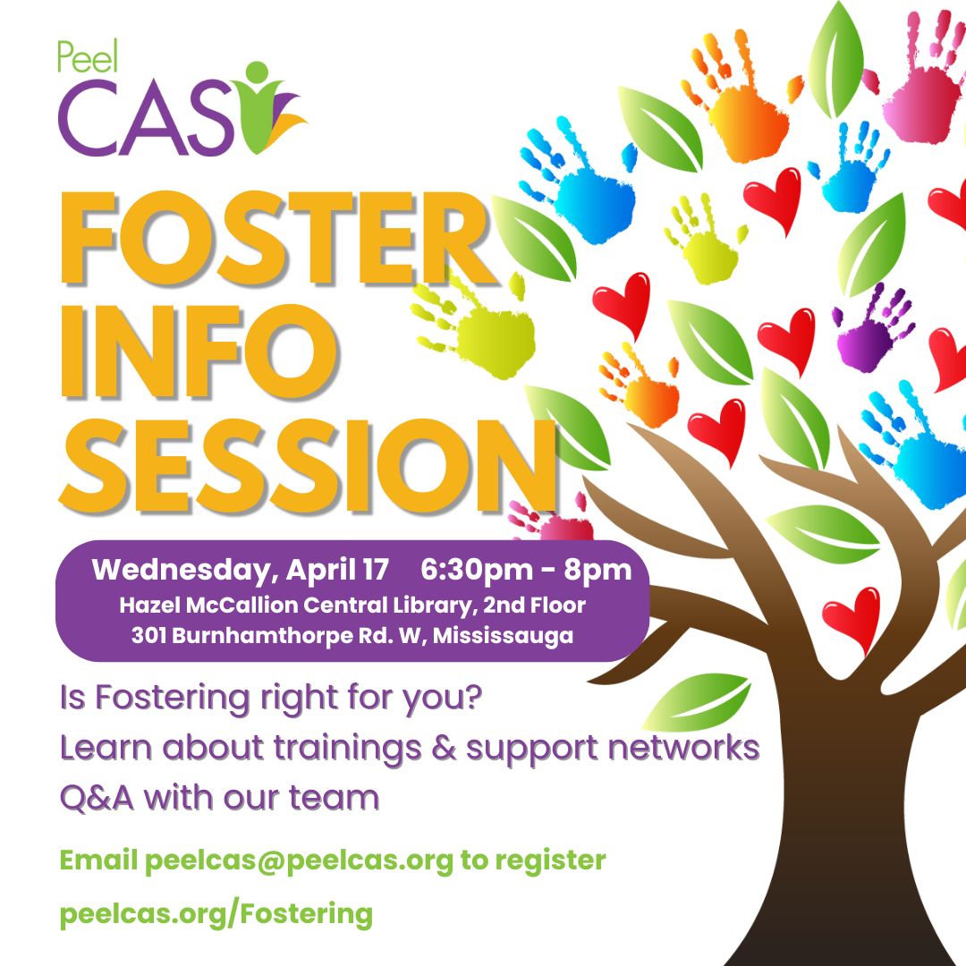 💜We urgently need Foster Caregivers to provide safe homes for children in need, see how YOU can help. Join Us for a Foster Info Session with @mississaugalib on April 17, email peelcas@peelcas.org to register today! Visit peelcas.org/fostering to learn more